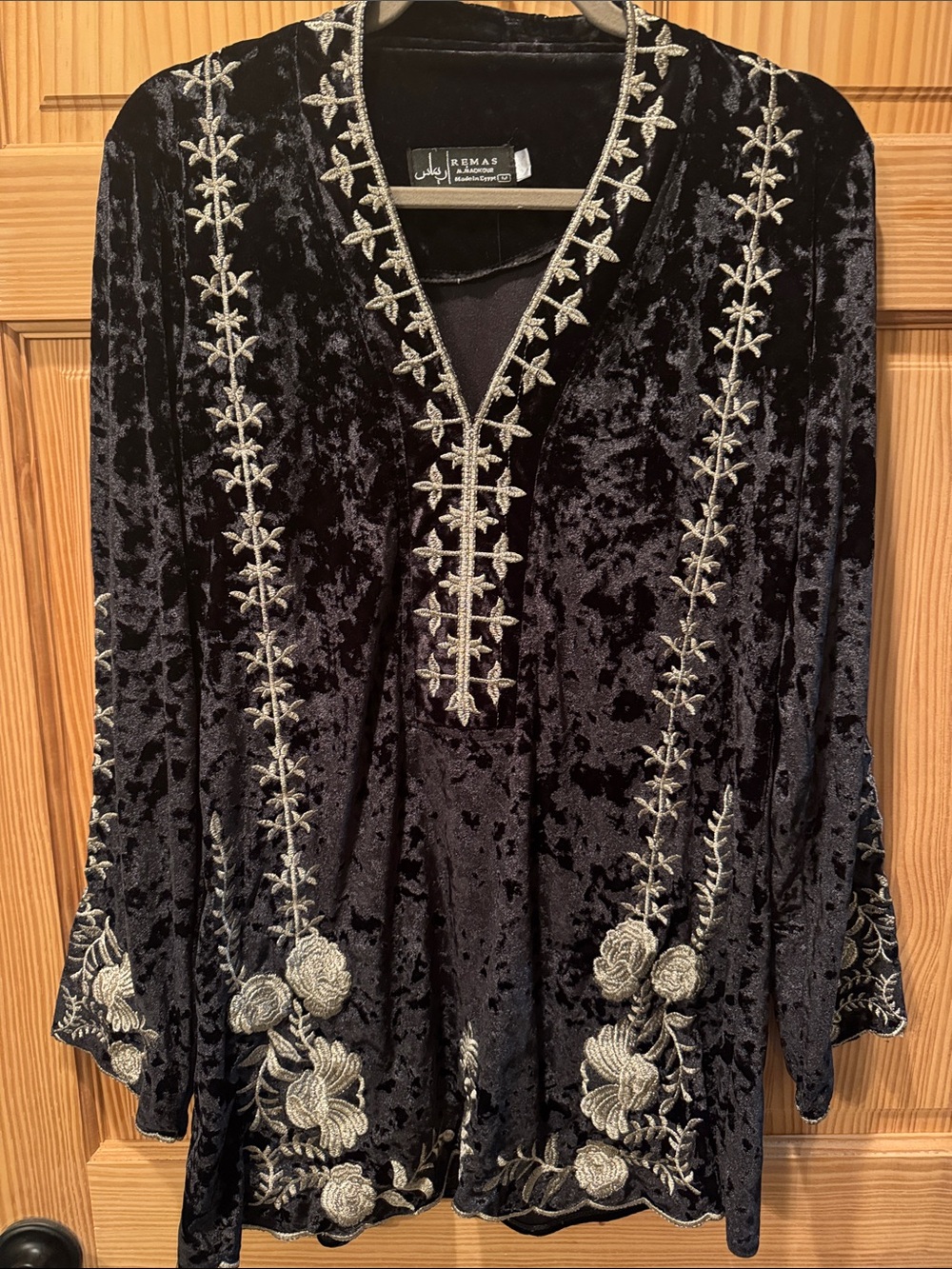 Embroidered Velvet V-Neck Tunic — Black with Silver Embroidery
